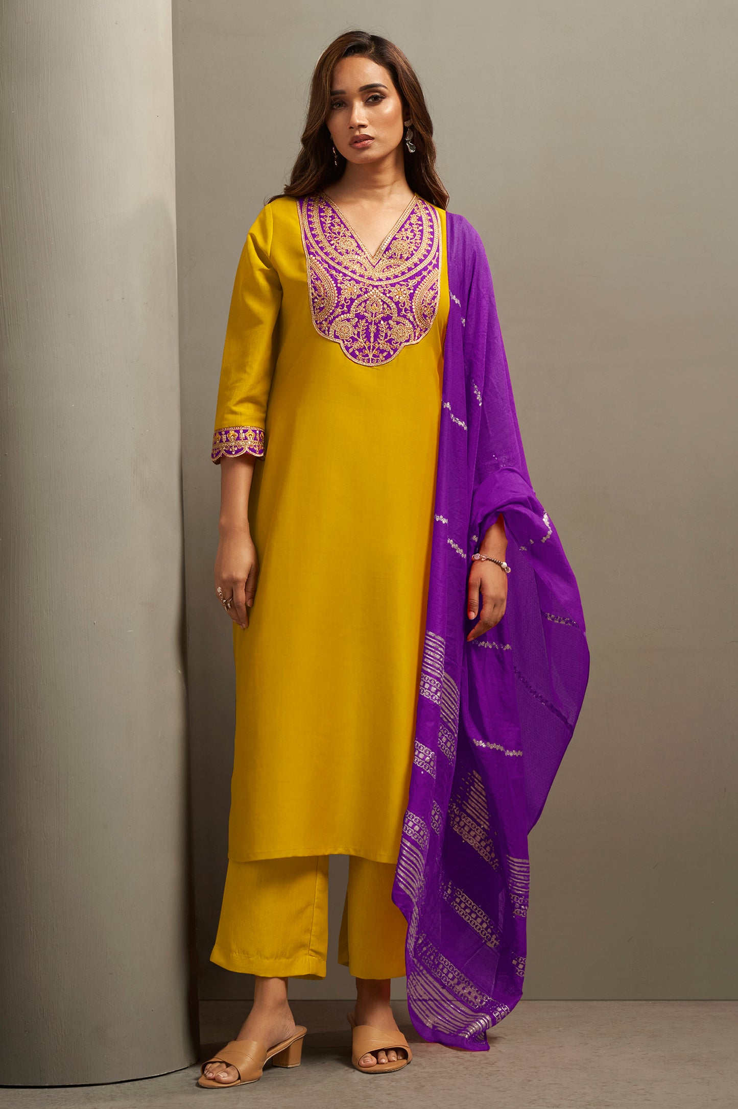 Women's Cotton Blend Embroidered Floral Motif Straight Kurta with Solid Cotton Blend Pants & Jacquard Chanderi Dupatta