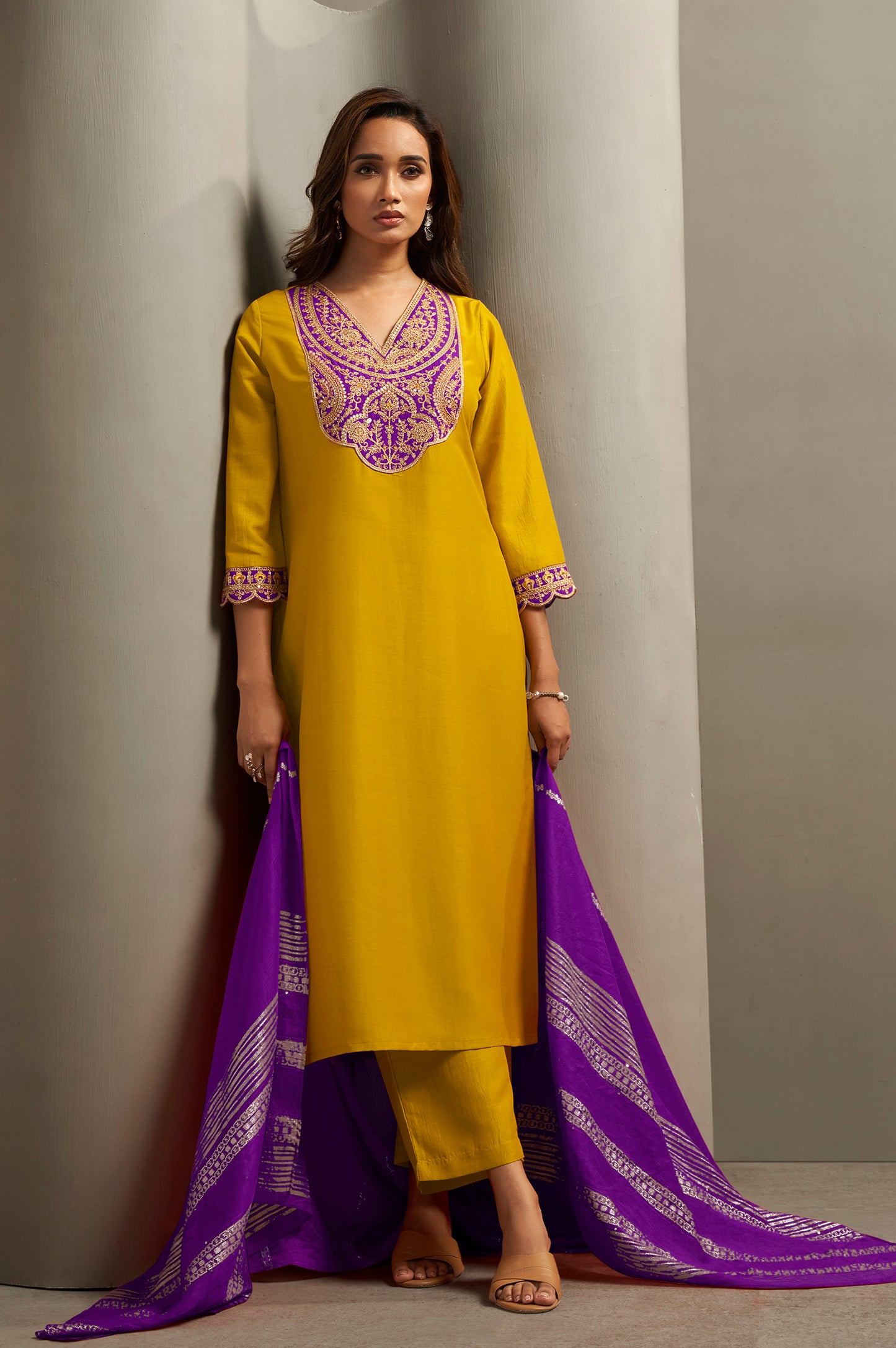 Women's Cotton Blend Embroidered Floral Motif Straight Kurta with Solid Cotton Blend Pants & Jacquard Chanderi Dupatta