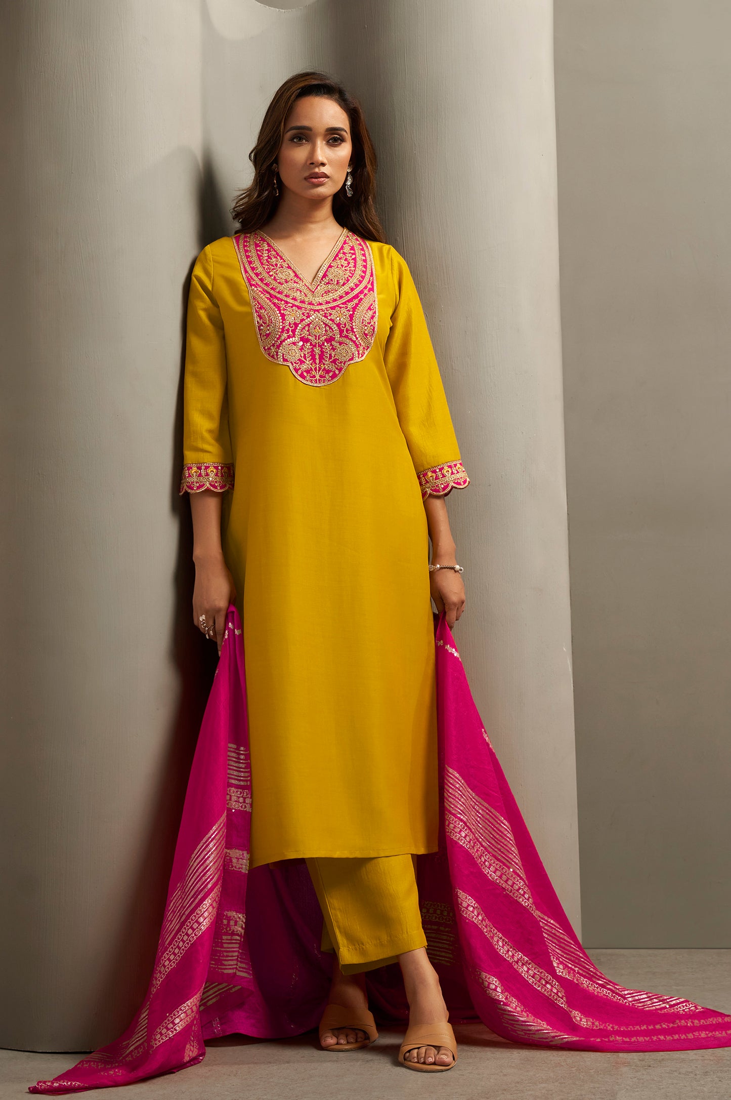 Women's Cotton Blend Embroidered Floral Motif Straight Kurta with Solid Cotton Blend Pants & Jacquard Chanderi Dupatta