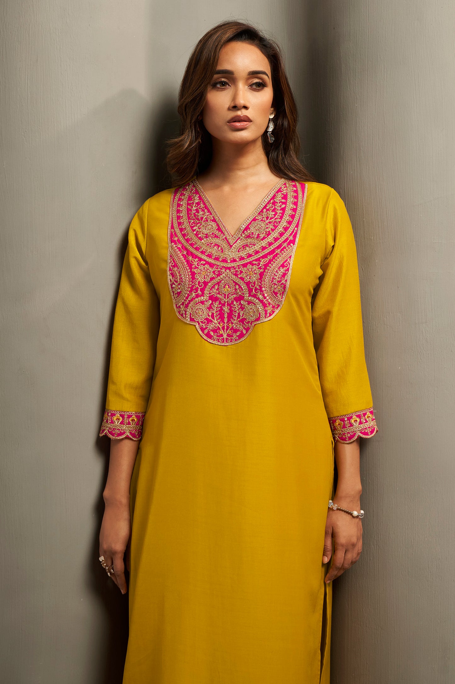 Women's Cotton Blend Embroidered Floral Motif Straight Kurta with Solid Cotton Blend Pants & Jacquard Chanderi Dupatta