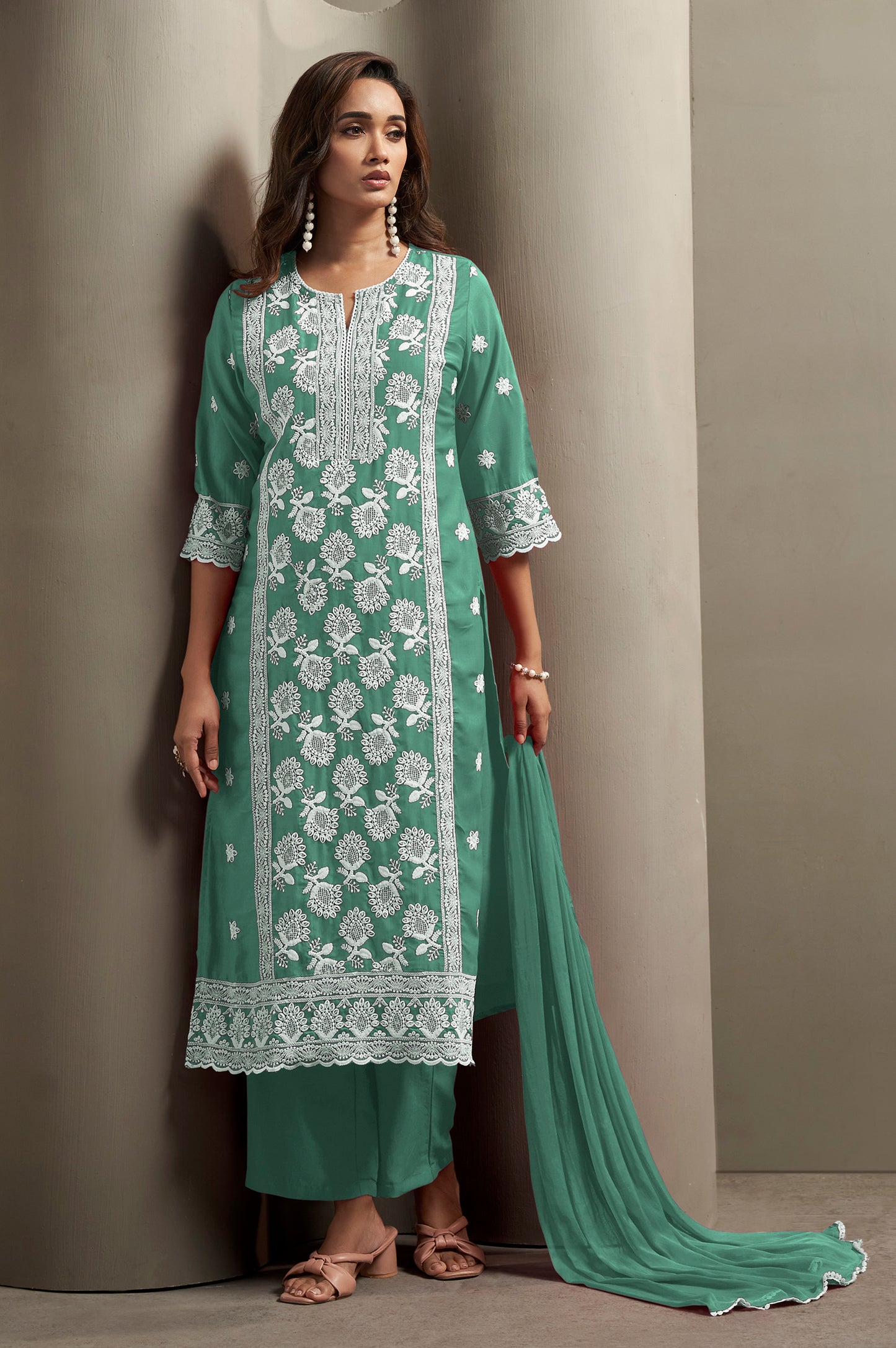 Women's Pista Green Cotton Blend Schiffli Embroidered Straight Kurta with Solid Cotton Blend Pants & Solid Nazmin Chiffon Dupatta