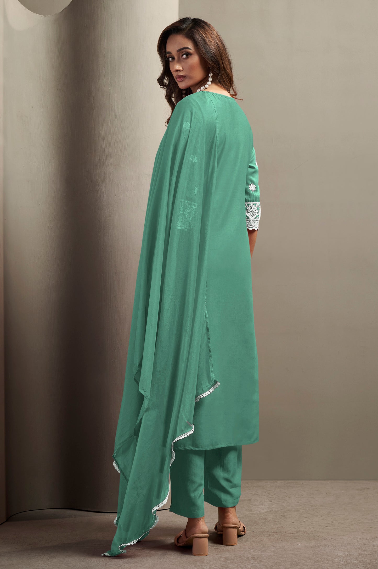 Women's Pista Green Cotton Blend Schiffli Embroidered Straight Kurta with Solid Cotton Blend Pants & Solid Nazmin Chiffon Dupatta