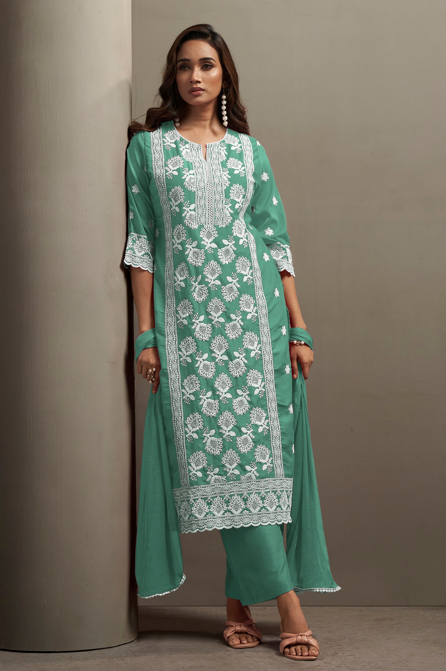Women's Pista Green Cotton Blend Schiffli Embroidered Straight Kurta with Solid Cotton Blend Pants & Solid Nazmin Chiffon Dupatta