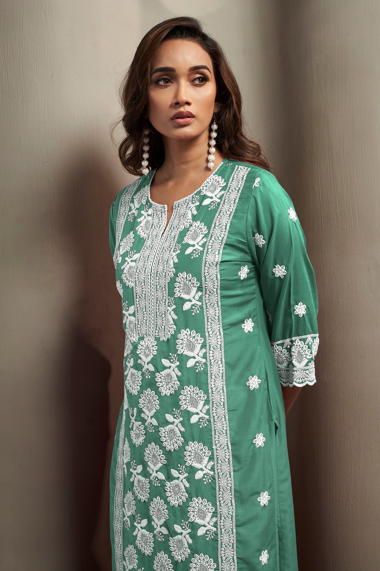 Women's Pista Green Cotton Blend Schiffli Embroidered Straight Kurta with Solid Cotton Blend Pants & Solid Nazmin Chiffon Dupatta