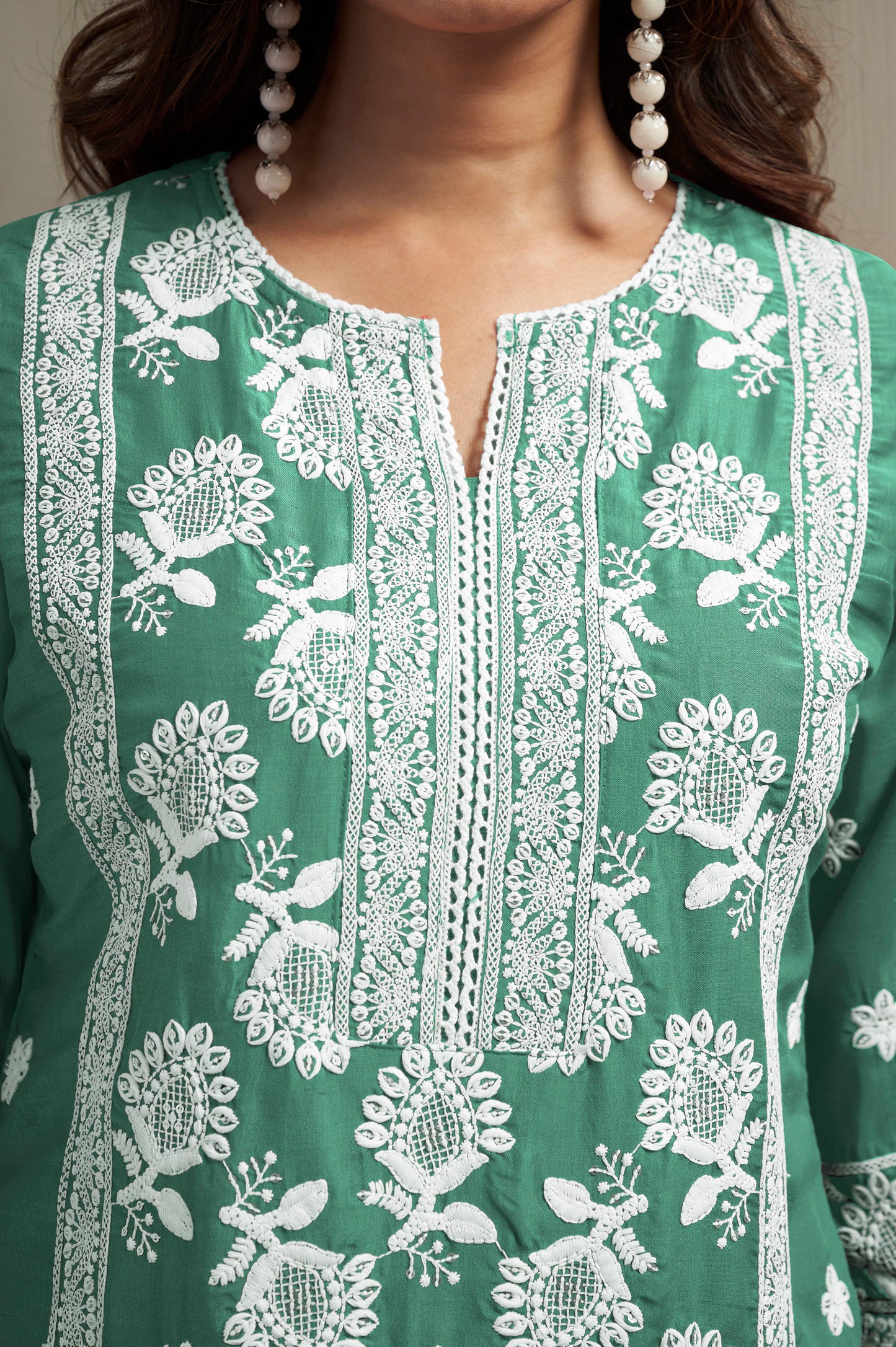 Women's Pista Green Cotton Blend Schiffli Embroidered Straight Kurta with Solid Cotton Blend Pants & Solid Nazmin Chiffon Dupatta