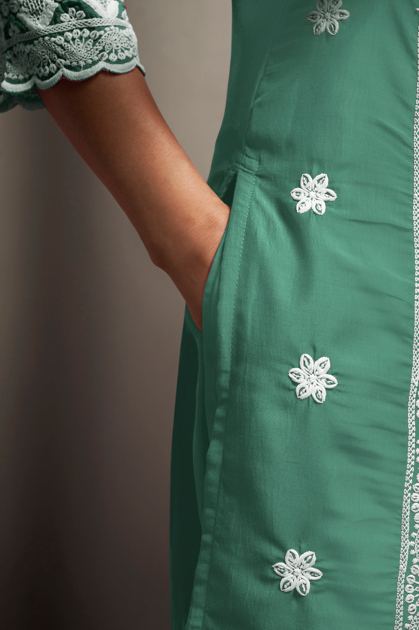 Women's Pista Green Cotton Blend Schiffli Embroidered Straight Kurta with Solid Cotton Blend Pants & Solid Nazmin Chiffon Dupatta