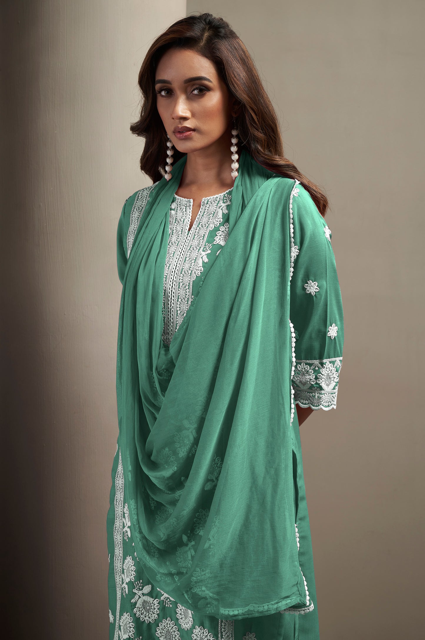Women's Pista Green Cotton Blend Schiffli Embroidered Straight Kurta with Solid Cotton Blend Pants & Solid Nazmin Chiffon Dupatta