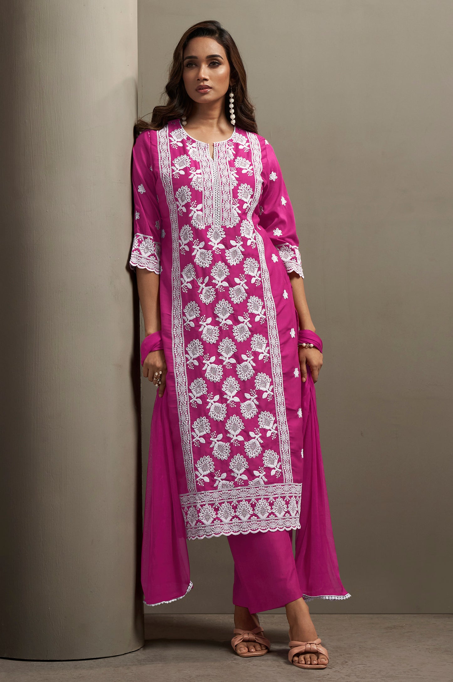 Women's Pink Cotton Blend Schiffli Embroidered Straight Kurta with Solid Cotton Blend Pants & Solid Nazmin Chiffon Dupatta