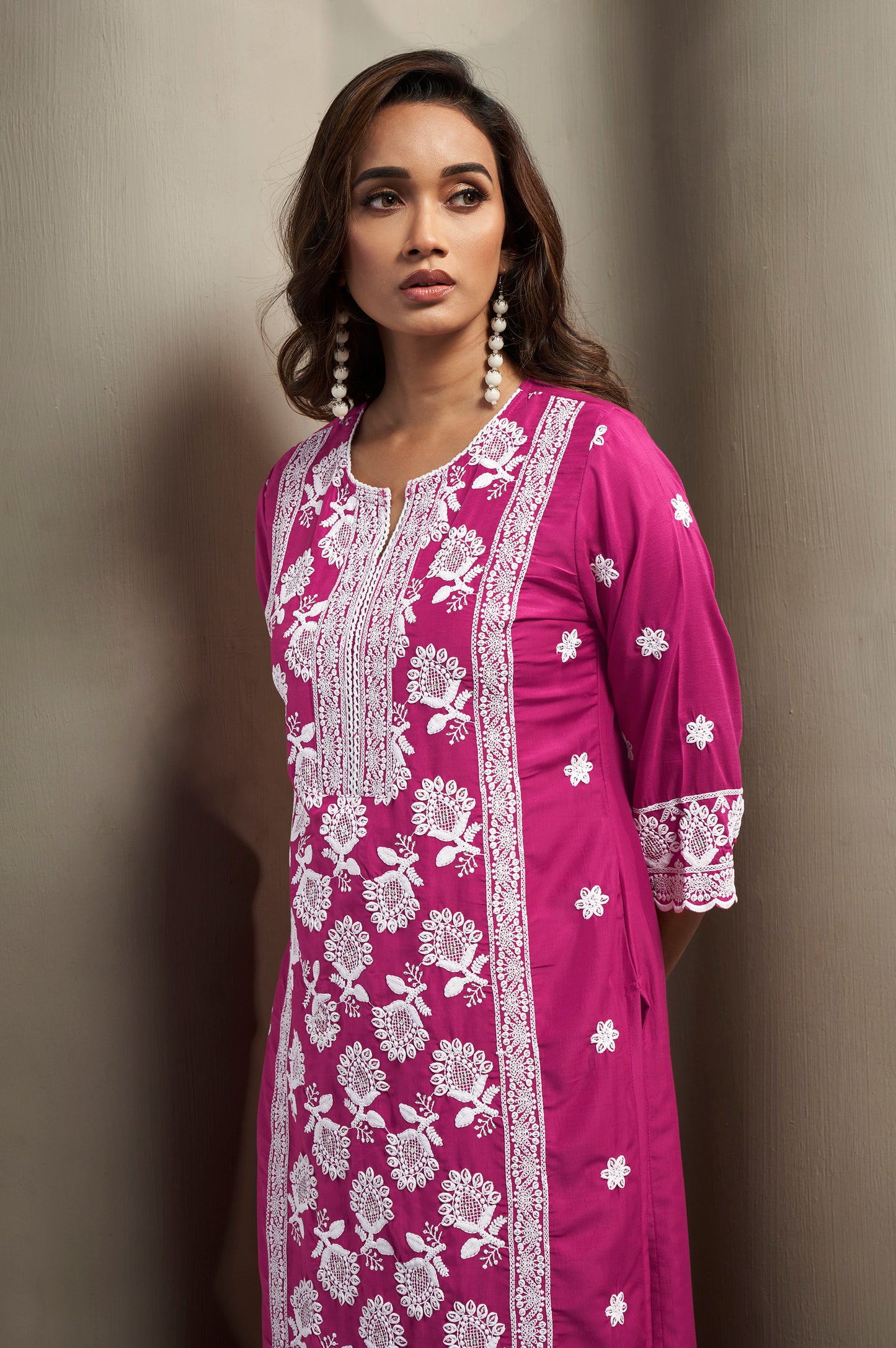 Women's Pink Cotton Blend Schiffli Embroidered Straight Kurta with Solid Cotton Blend Pants & Solid Nazmin Chiffon Dupatta