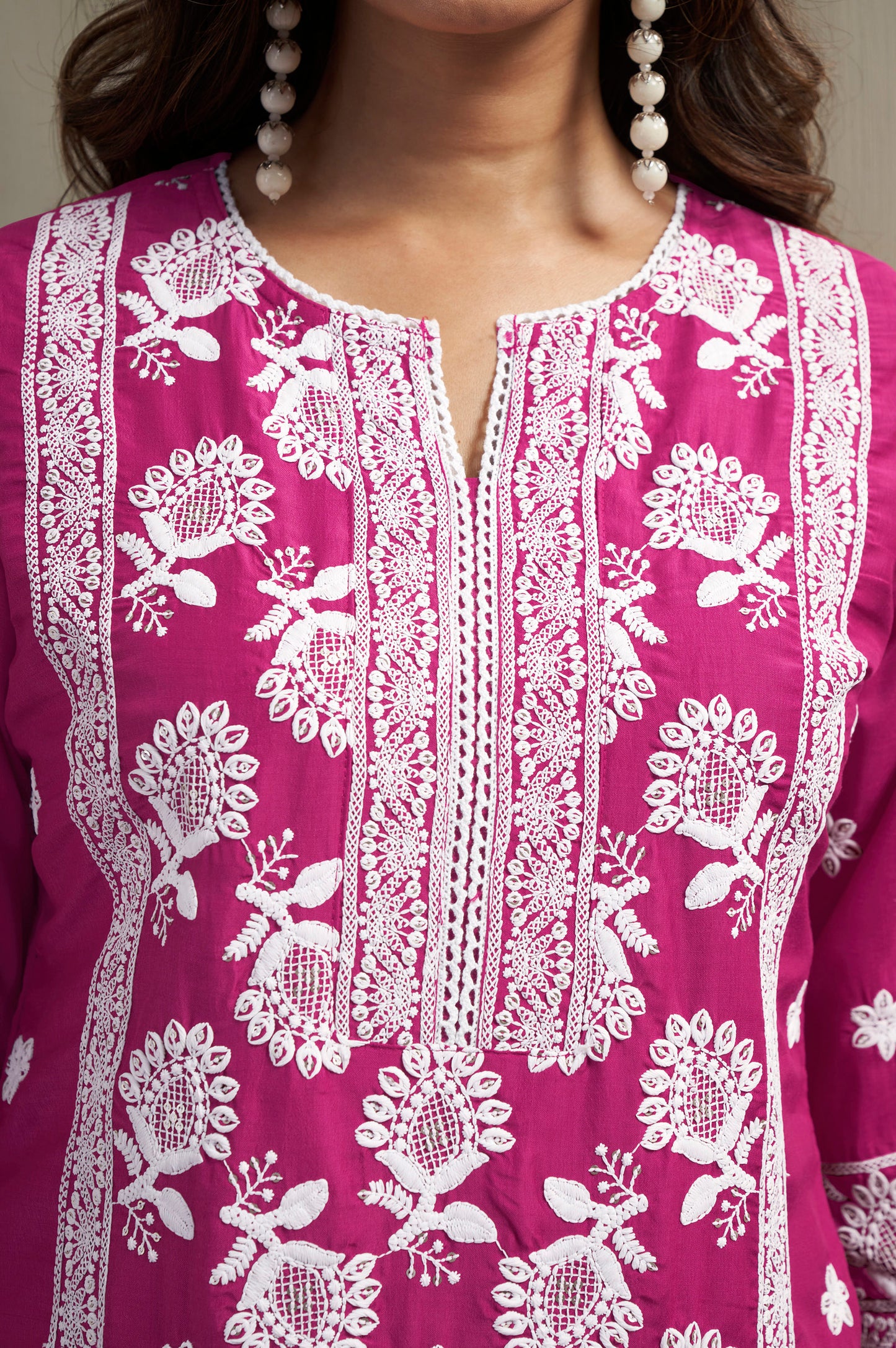 Women's Pink Cotton Blend Schiffli Embroidered Straight Kurta with Solid Cotton Blend Pants & Solid Nazmin Chiffon Dupatta