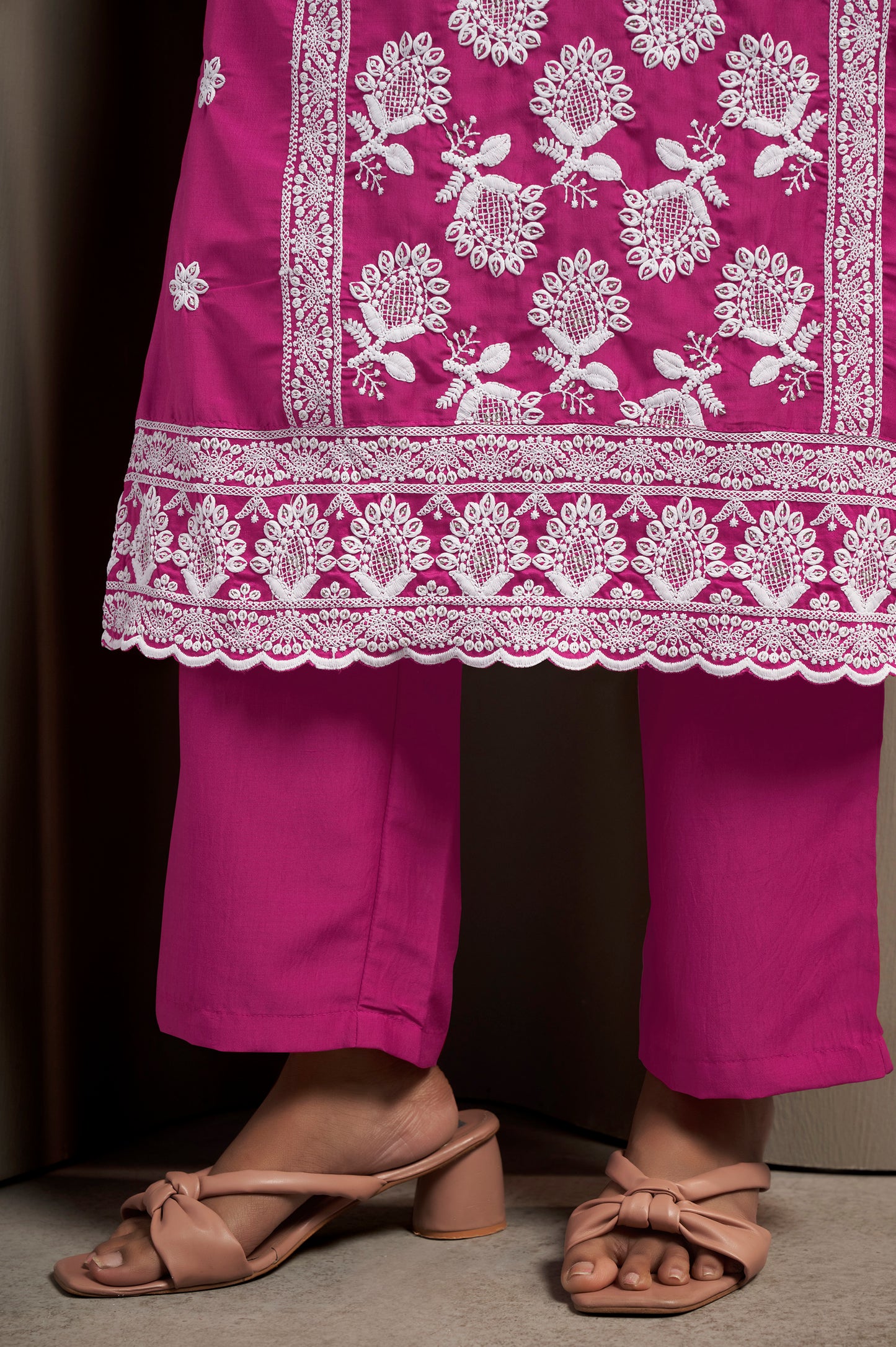 Women's Pink Cotton Blend Schiffli Embroidered Straight Kurta with Solid Cotton Blend Pants & Solid Nazmin Chiffon Dupatta