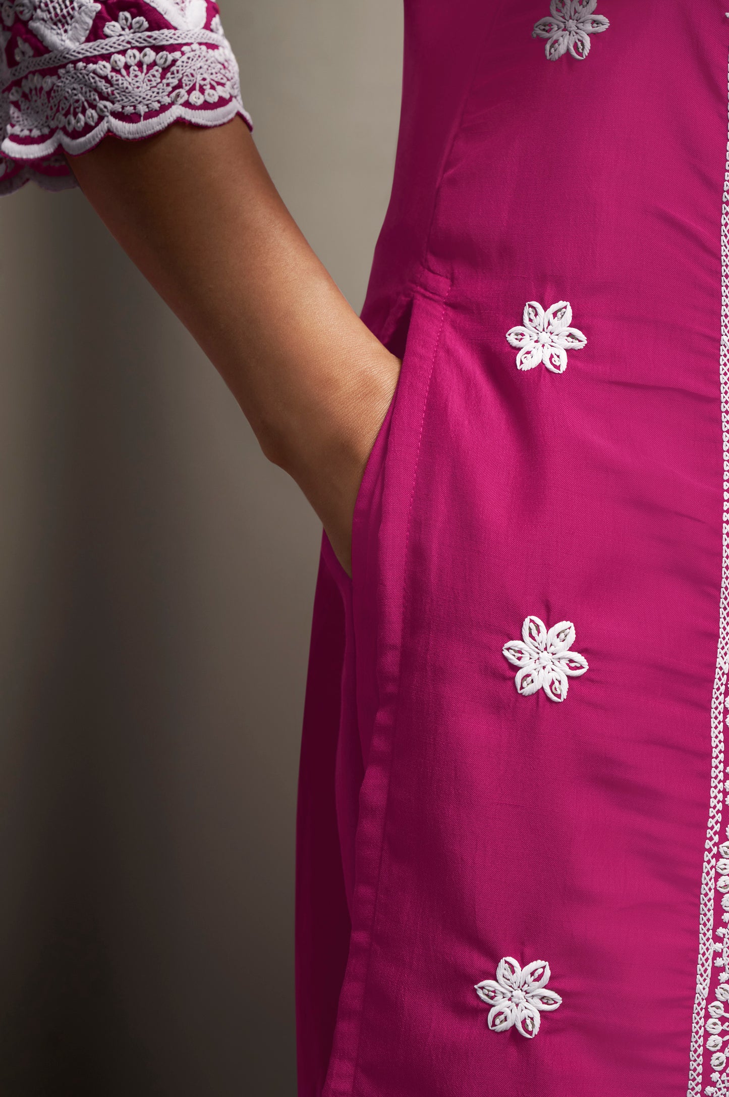 Women's Pink Cotton Blend Schiffli Embroidered Straight Kurta with Solid Cotton Blend Pants & Solid Nazmin Chiffon Dupatta