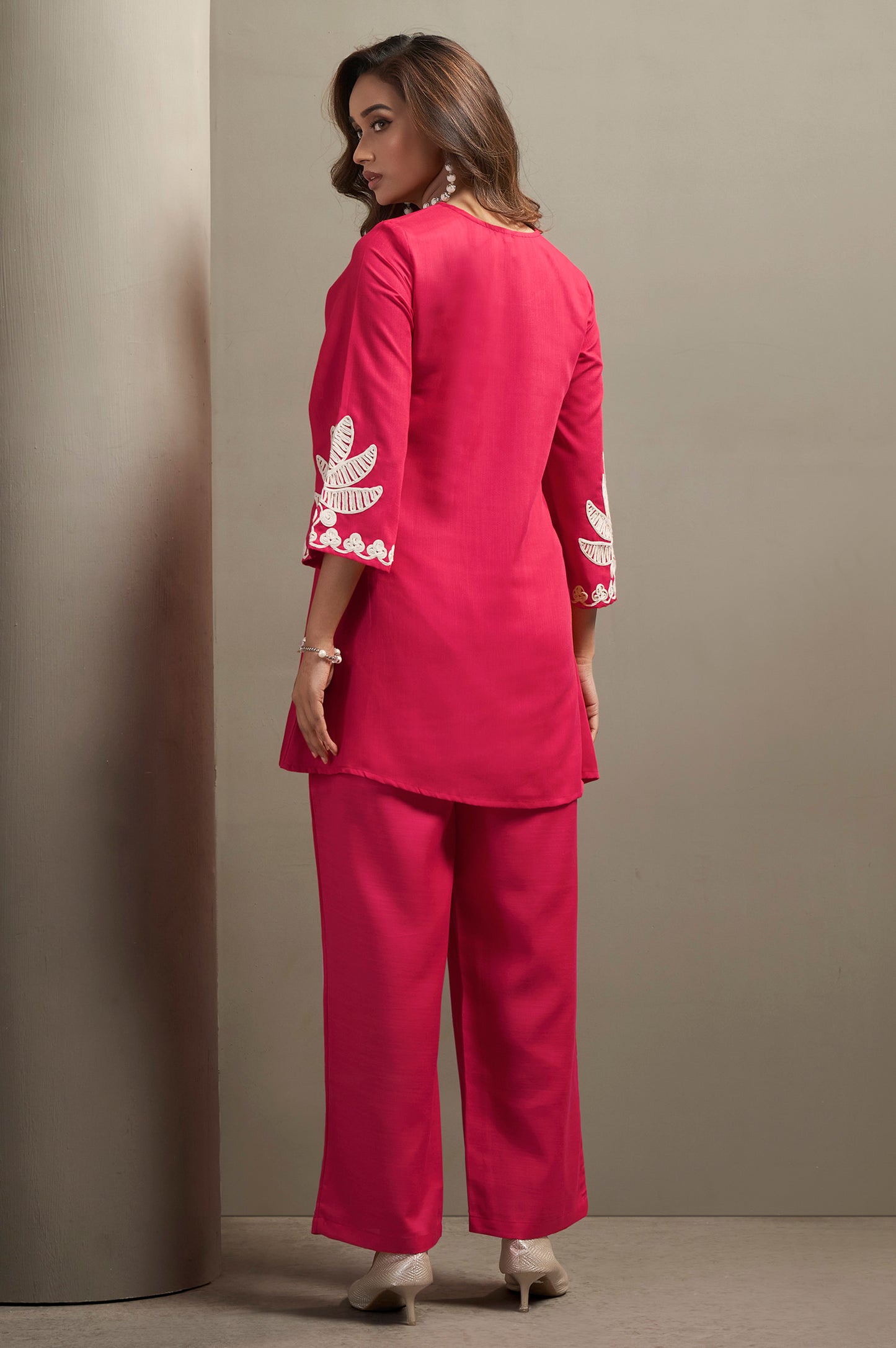 Women's Pink Cotton Blend Floral Embroidered Co-ord Set with Straight Top & Solid Pants