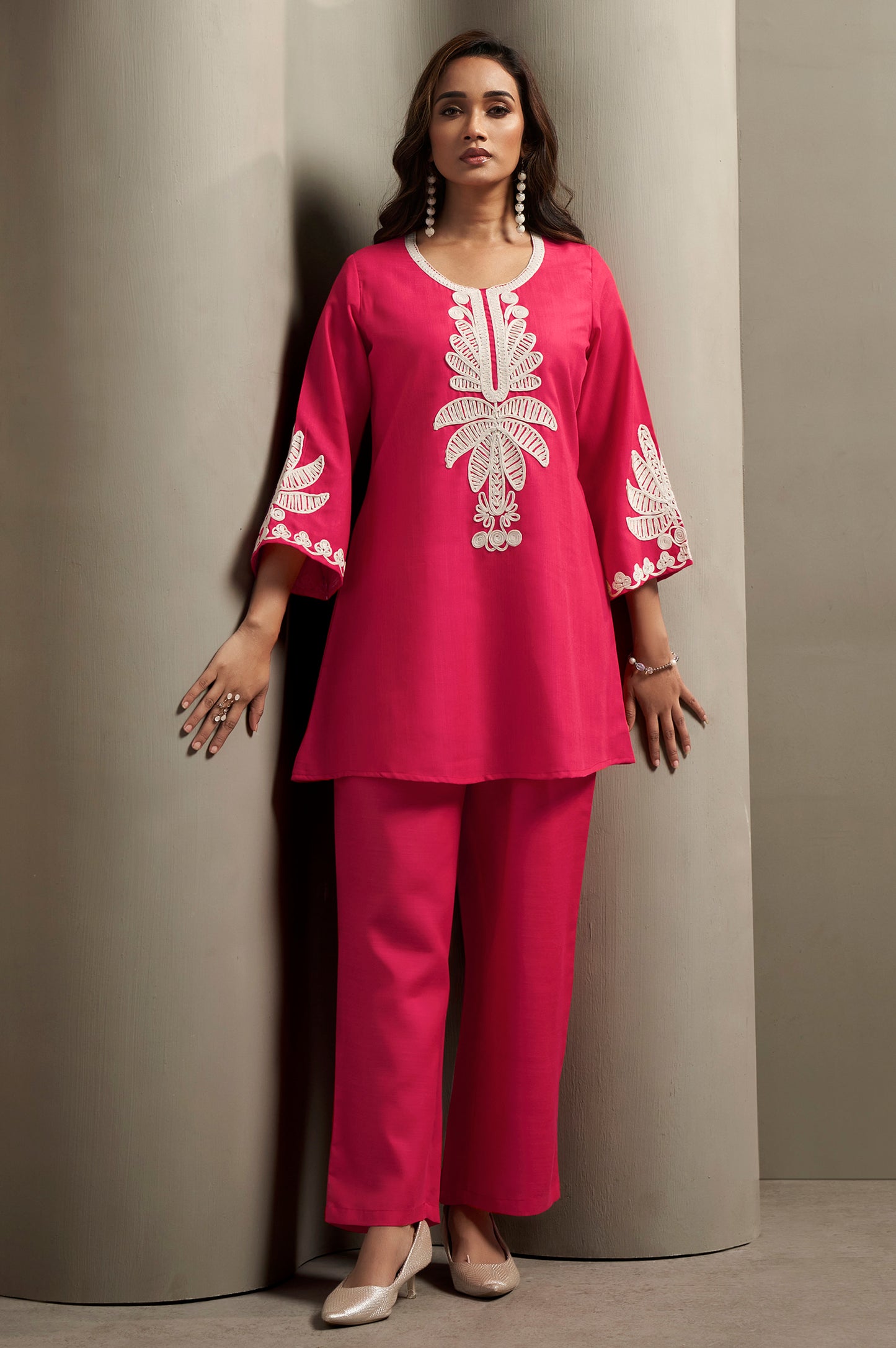 Women's Pink Cotton Blend Floral Embroidered Co-ord Set with Straight Top & Solid Pants