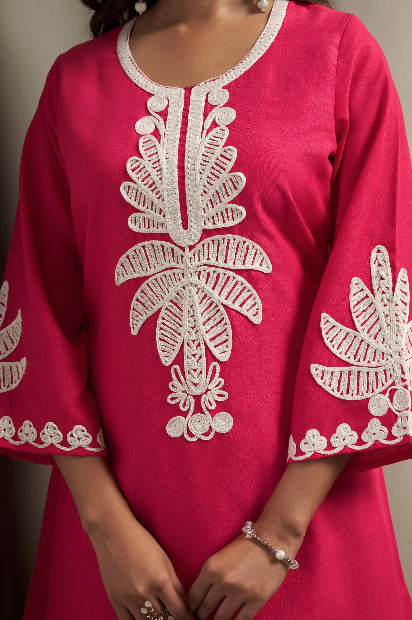 Women's Pink Cotton Blend Floral Embroidered Co-ord Set with Straight Top & Solid Pants