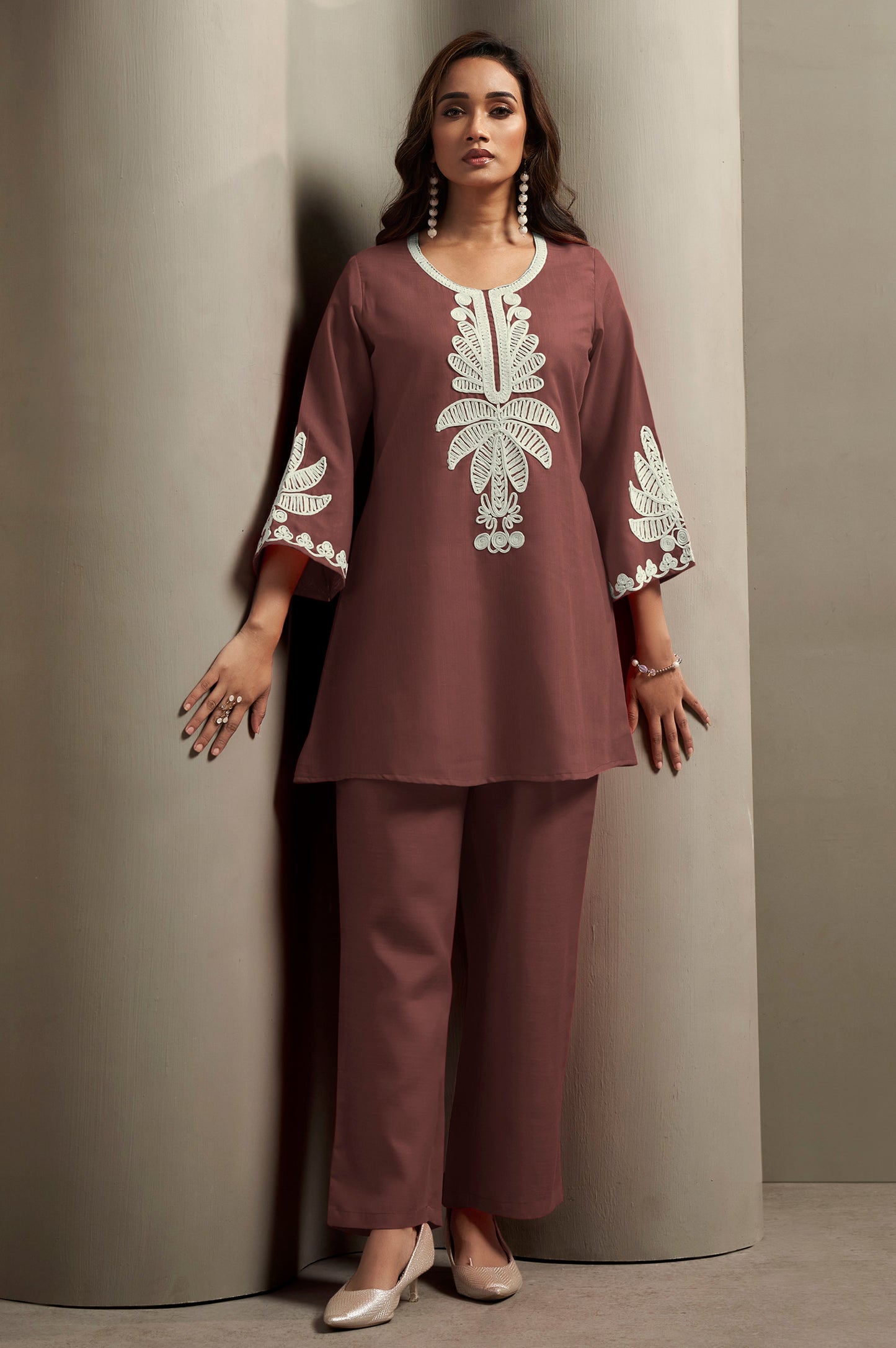 Women's Coffee Cotton Blend Floral Embroidered Co-ord Set with Straight Top & Solid Pants