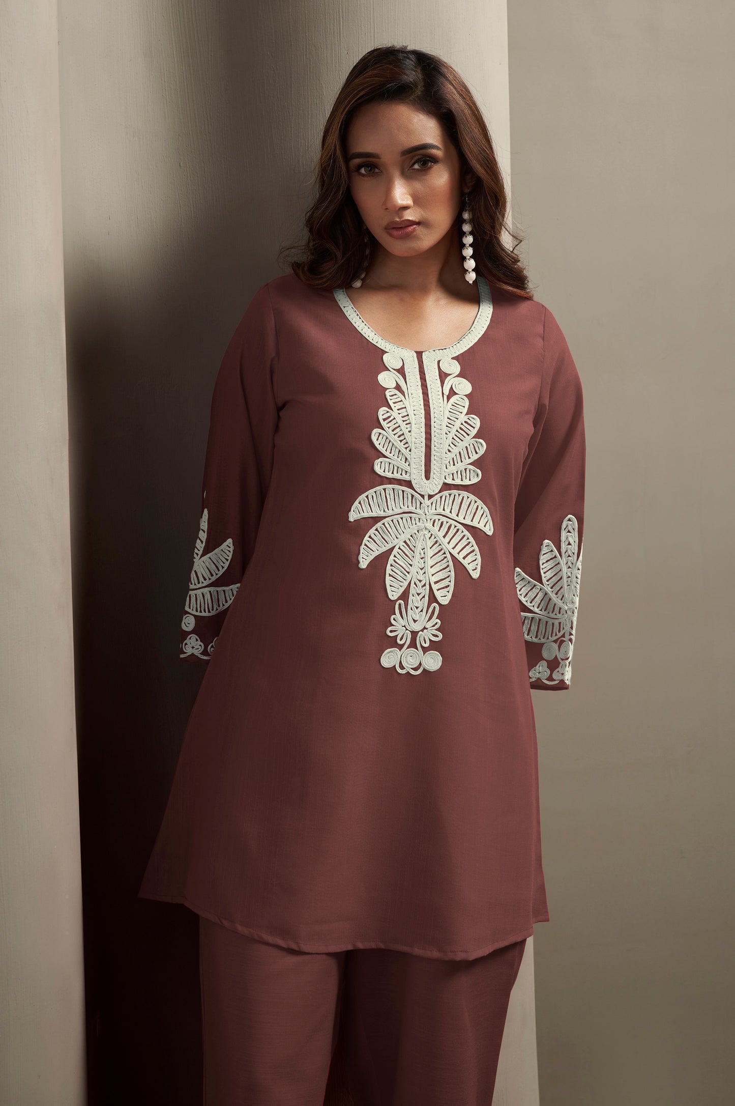 Women's Coffee Cotton Blend Floral Embroidered Co-ord Set with Straight Top & Solid Pants