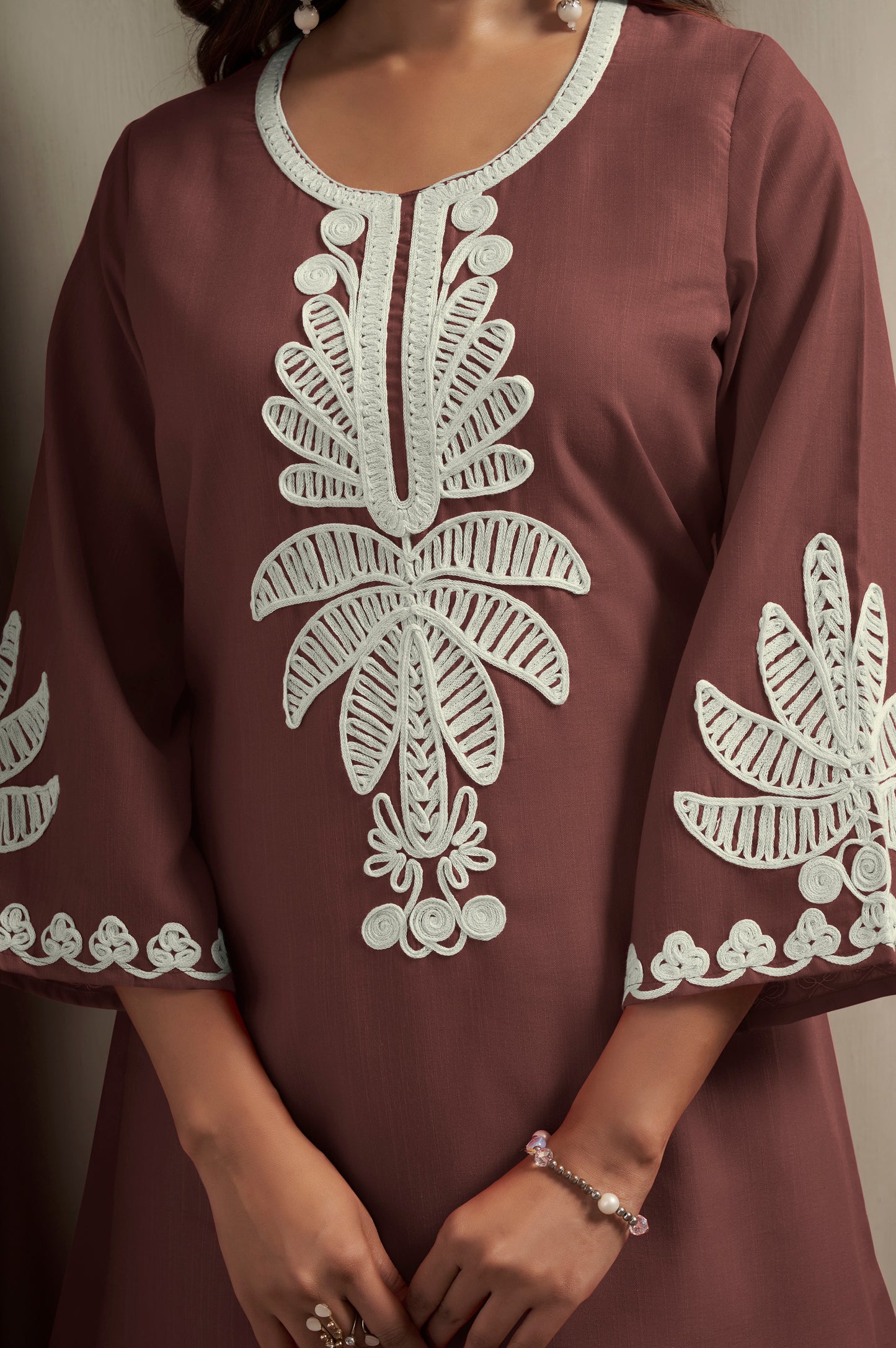 Women's Coffee Cotton Blend Floral Embroidered Co-ord Set with Straight Top & Solid Pants