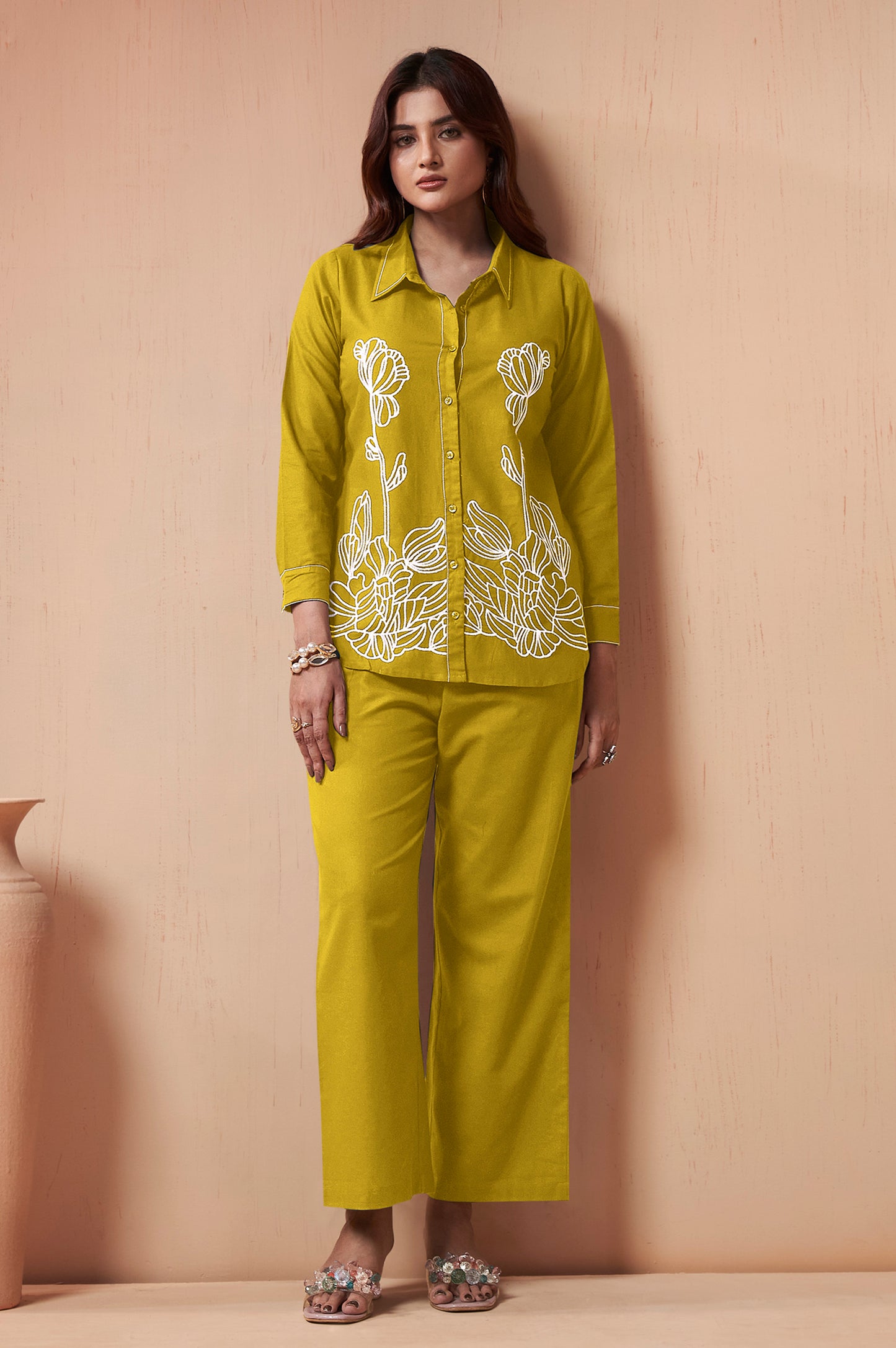 Women's Mustard Embroidered Cotton Flex Co-Ord Set