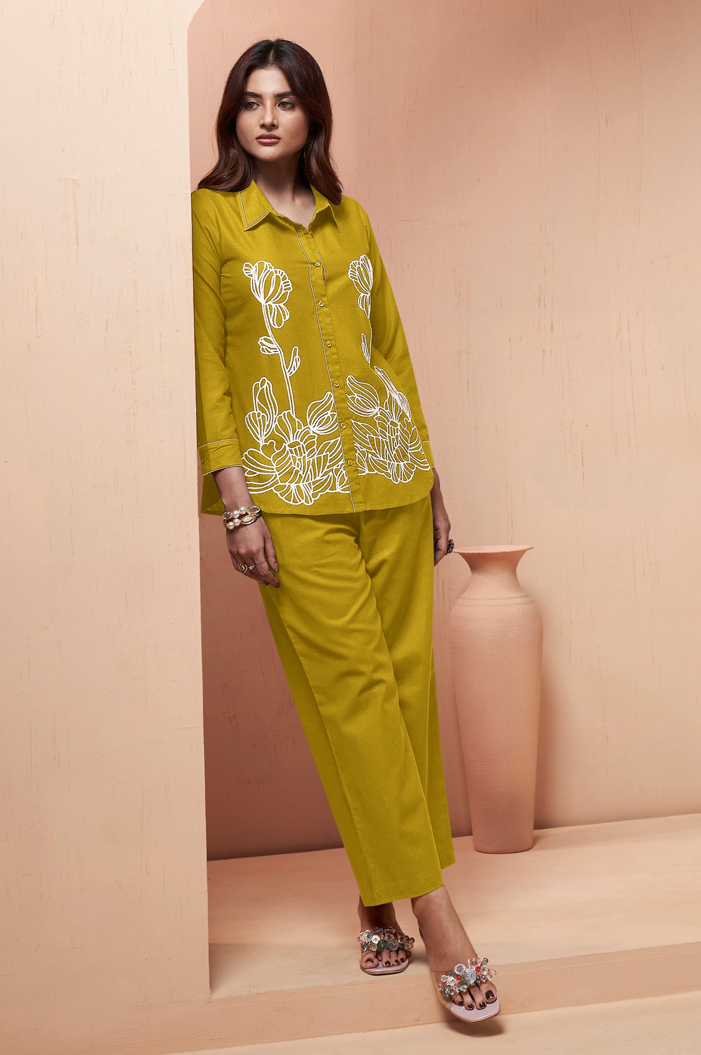 Women's Mustard Embroidered Cotton Flex Co-Ord Set