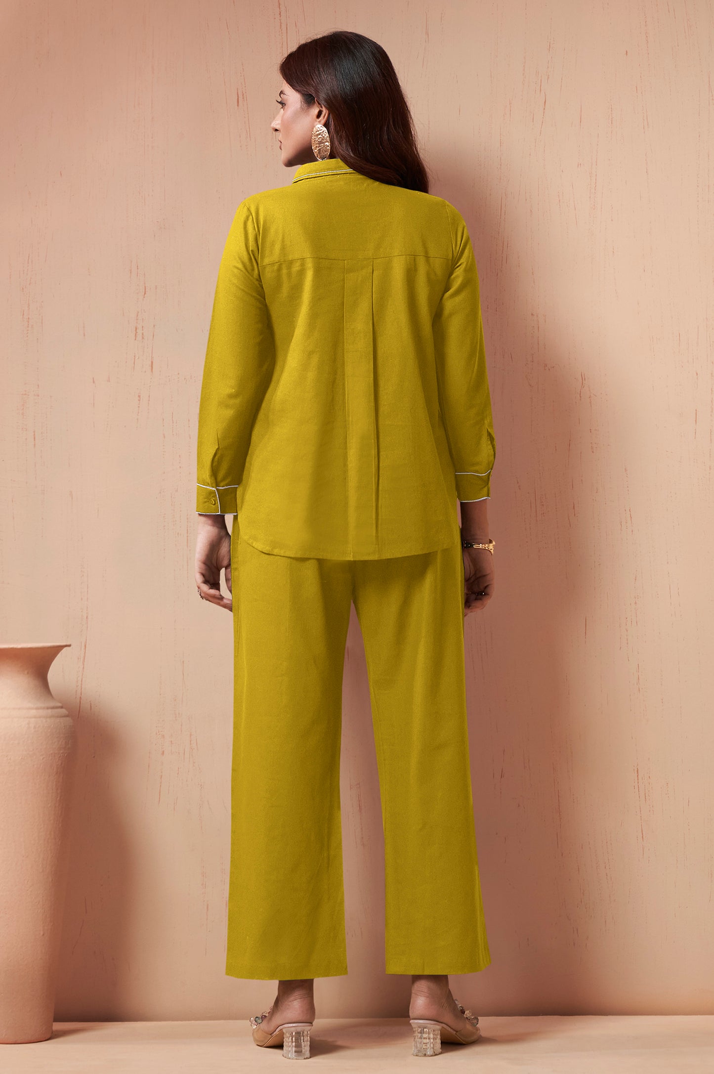Women's Mustard Embroidered Cotton Flex Co-Ord Set