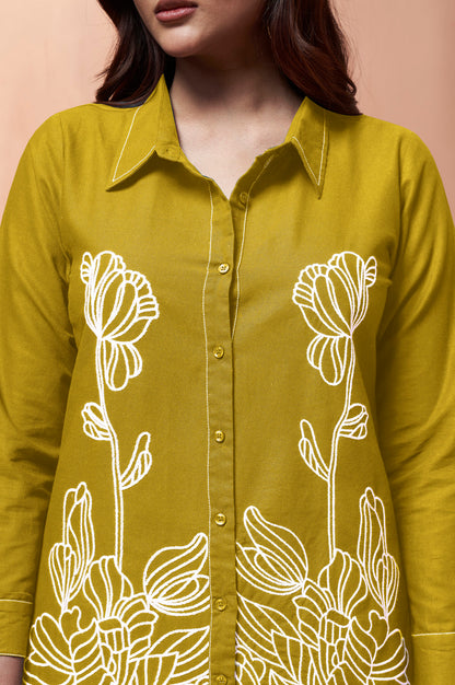 Women's Mustard Embroidered Cotton Flex Co-Ord Set