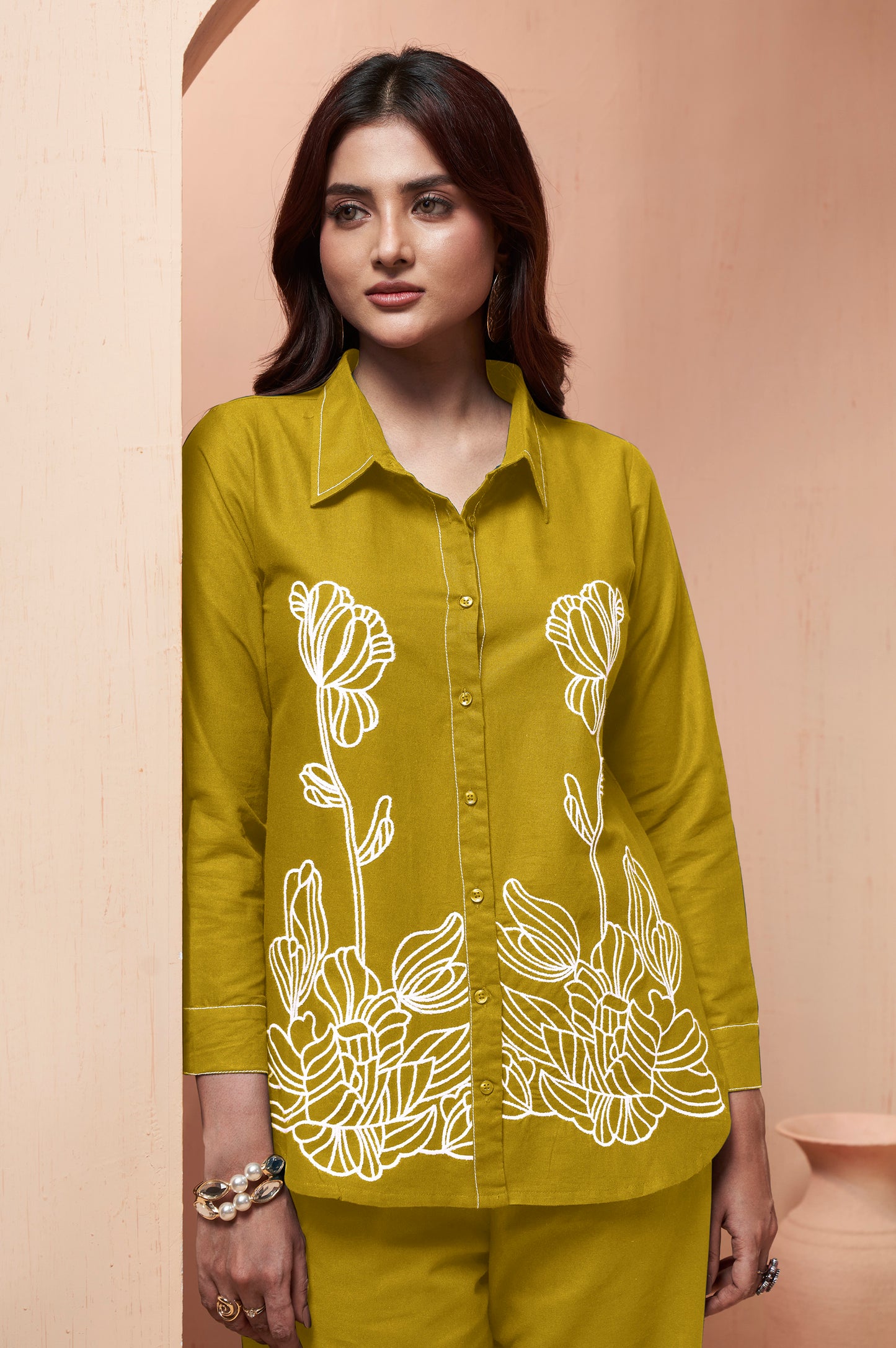 Women's Mustard Embroidered Cotton Flex Co-Ord Set