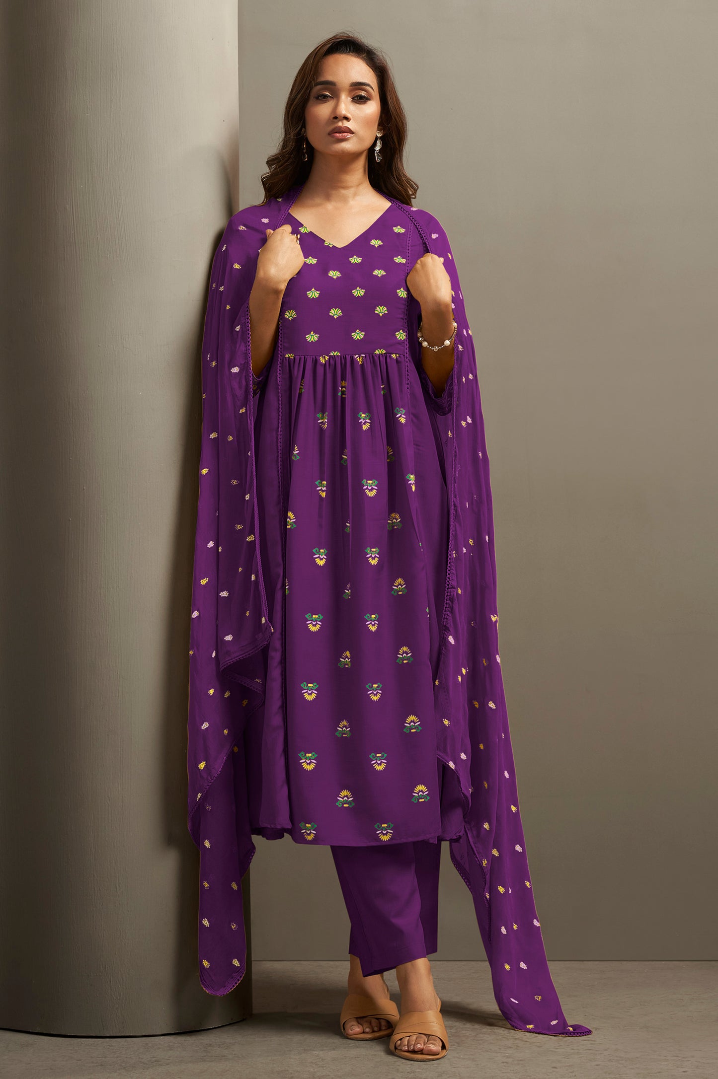 Women's Wine Cotton Ethnic Motifs Printed Flared Kurta Set with Dupatta