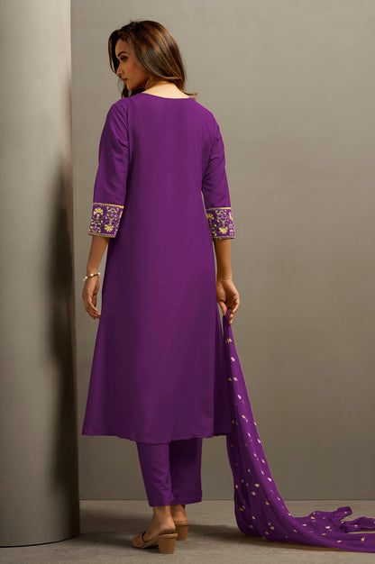 Women's Wine Cotton Ethnic Motifs Printed Flared Kurta Set with Dupatta