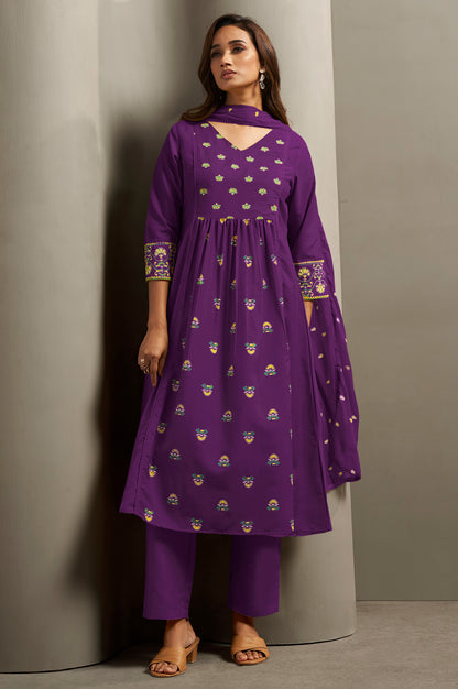Women's Wine Cotton Ethnic Motifs Printed Flared Kurta Set with Dupatta