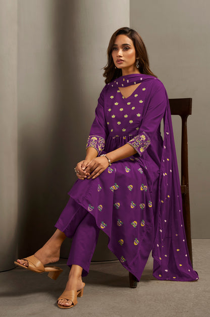Women's Wine Cotton Ethnic Motifs Printed Flared Kurta Set with Dupatta