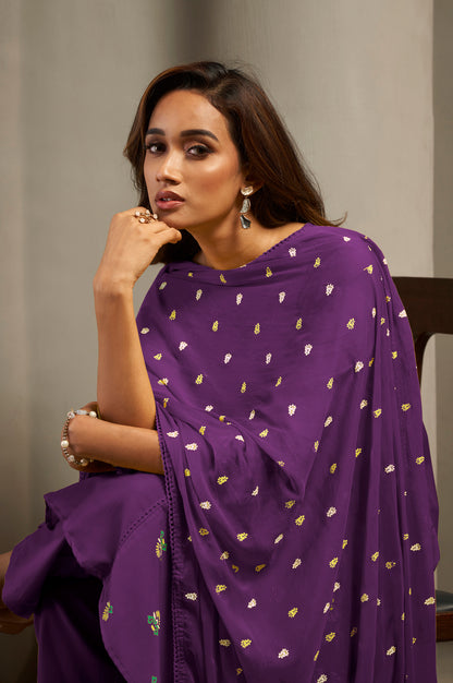 Women's Wine Cotton Ethnic Motifs Printed Flared Kurta Set with Dupatta