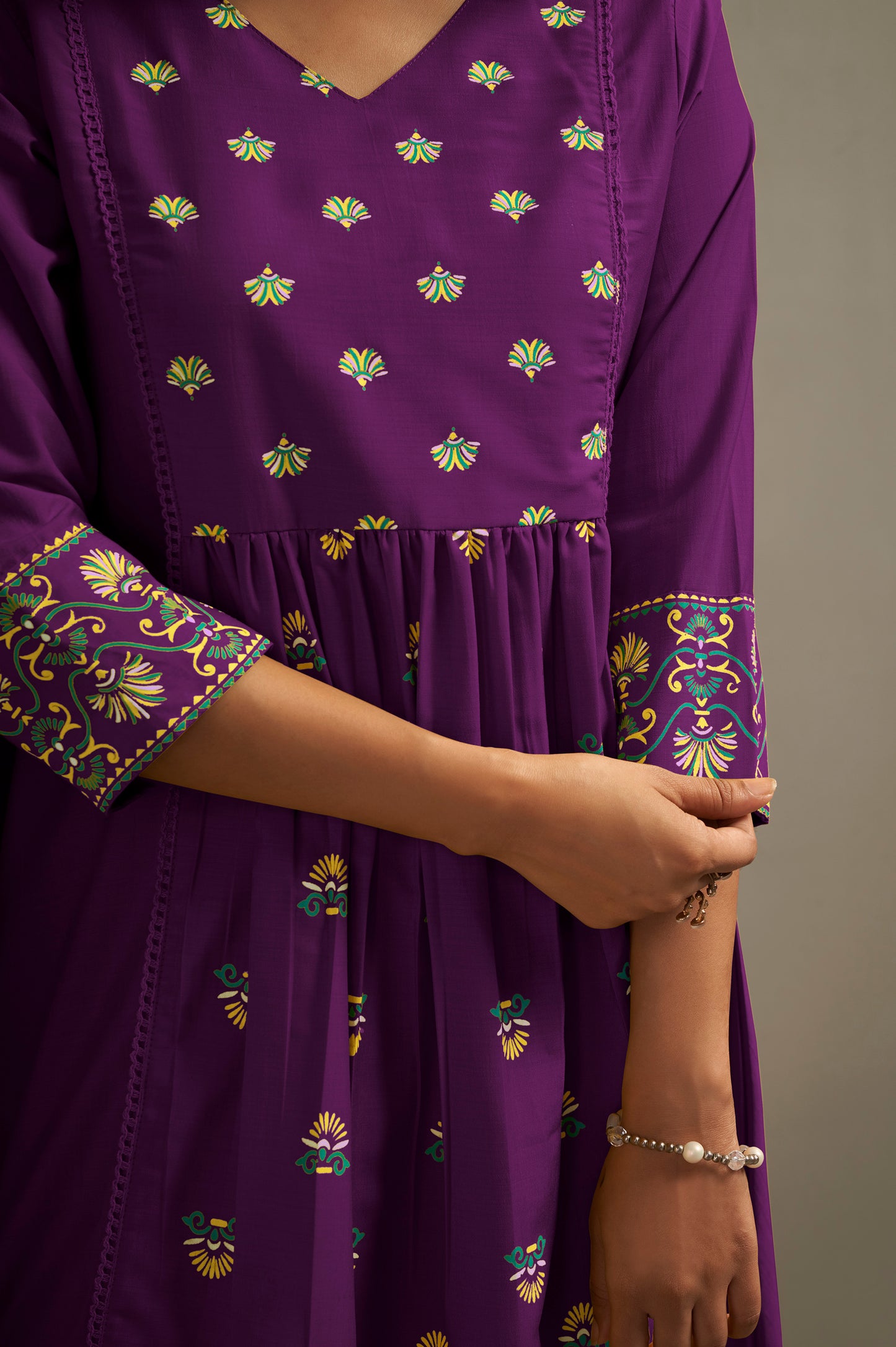 Women's Wine Cotton Ethnic Motifs Printed Flared Kurta Set with Dupatta