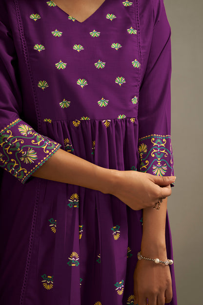 Women's Wine Cotton Ethnic Motifs Printed Flared Kurta Set with Dupatta