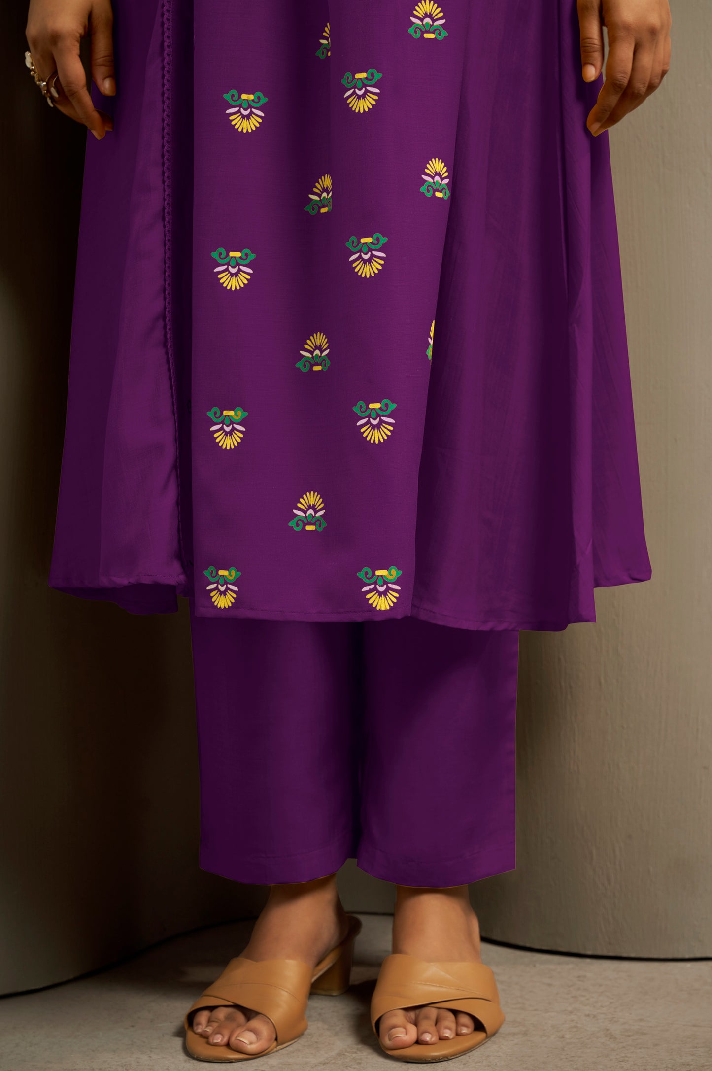 Women's Wine Cotton Ethnic Motifs Printed Flared Kurta Set with Dupatta