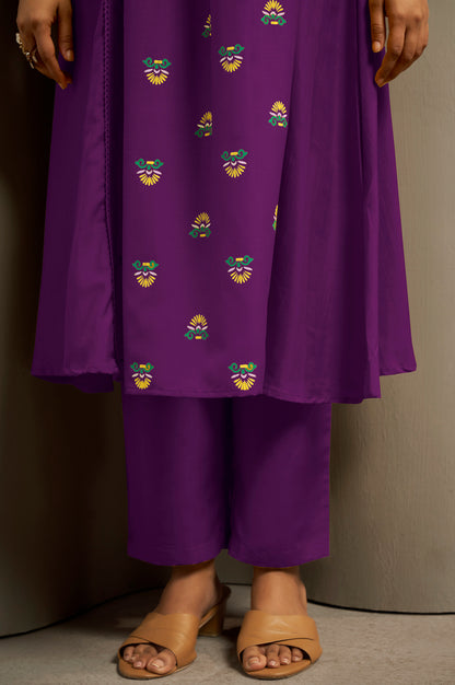 Women's Wine Cotton Ethnic Motifs Printed Flared Kurta Set with Dupatta