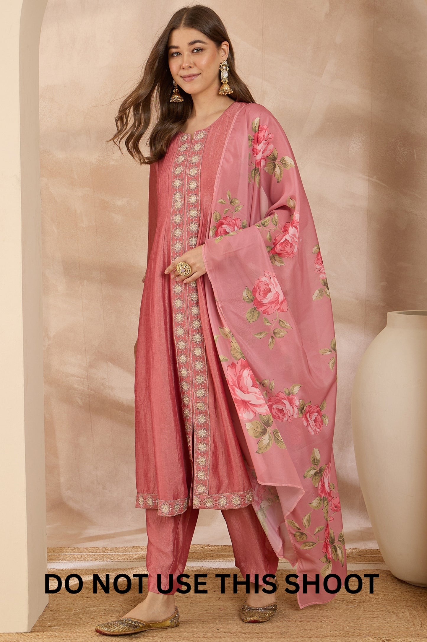 Women Pink Embroidered Vichitra Silk Kurta Trousers & Dupatta Set