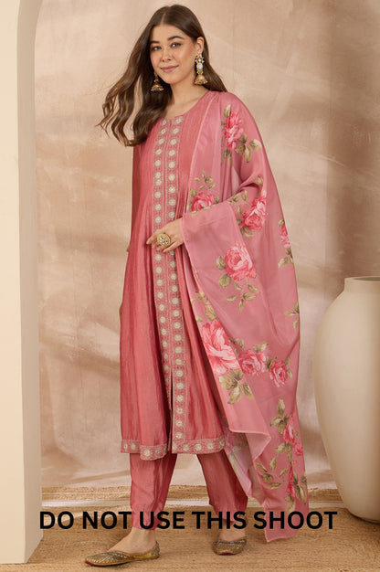 Women Pink Embroidered Vichitra Silk Kurta Trousers & Dupatta Set