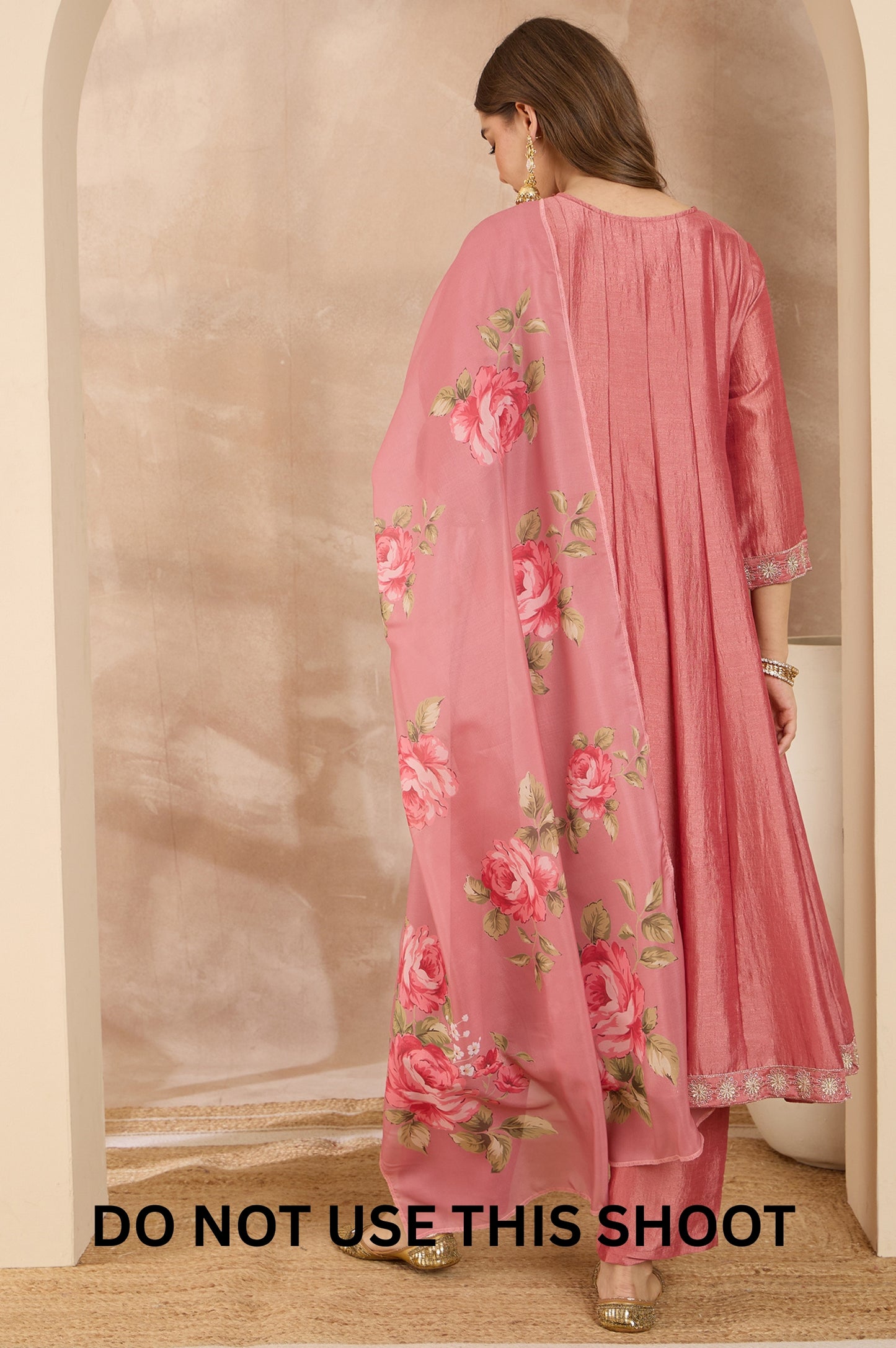 Women Pink Embroidered Vichitra Silk Kurta Trousers & Dupatta Set