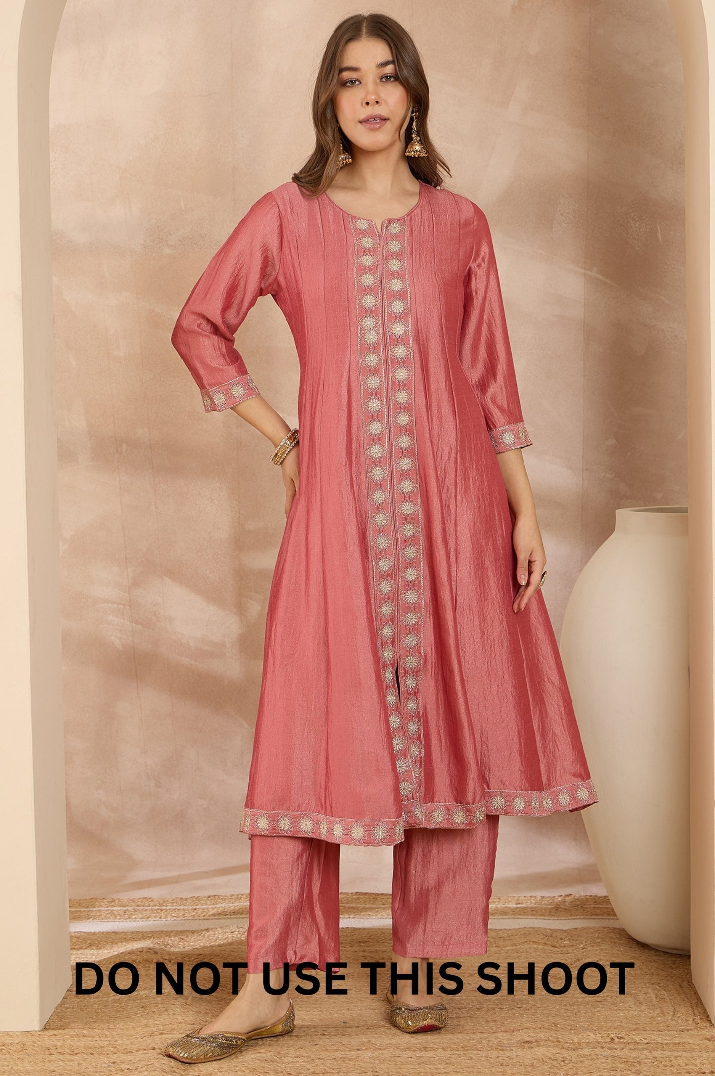 Women Pink Embroidered Vichitra Silk Kurta Trousers & Dupatta Set