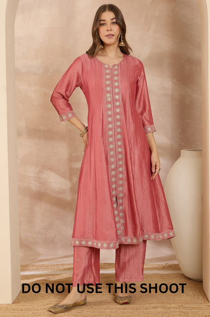 Women Pink Embroidered Vichitra Silk Kurta Trousers & Dupatta Set