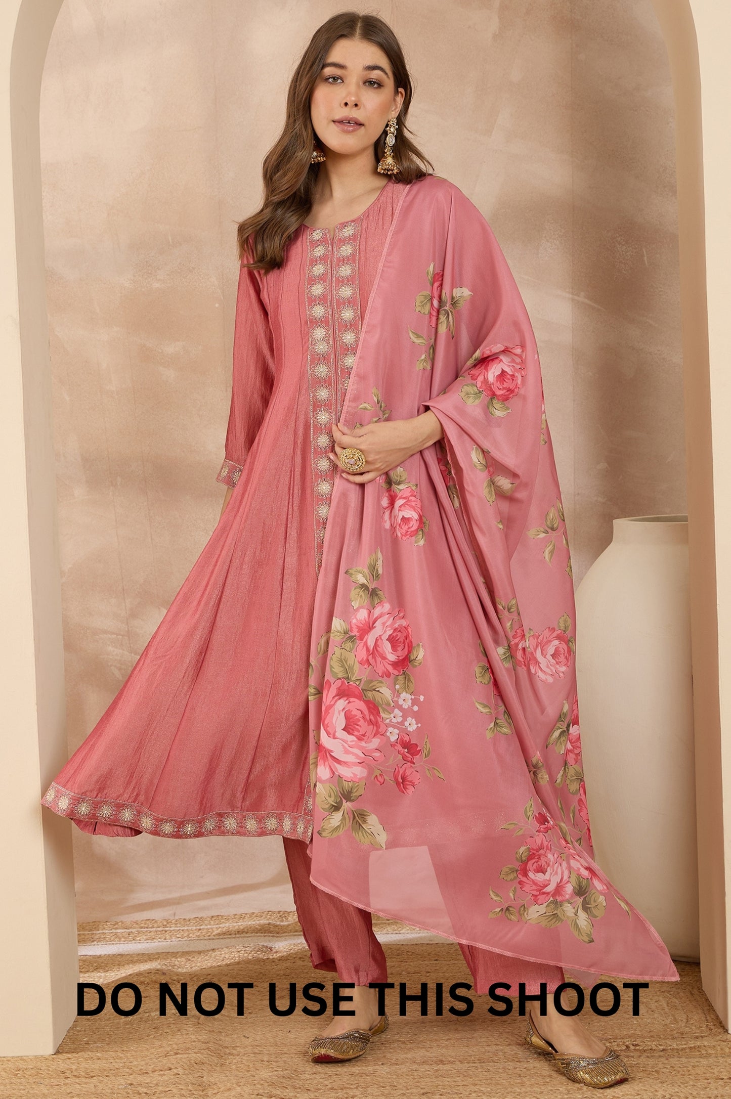 Women Pink Embroidered Vichitra Silk Kurta Trousers & Dupatta Set