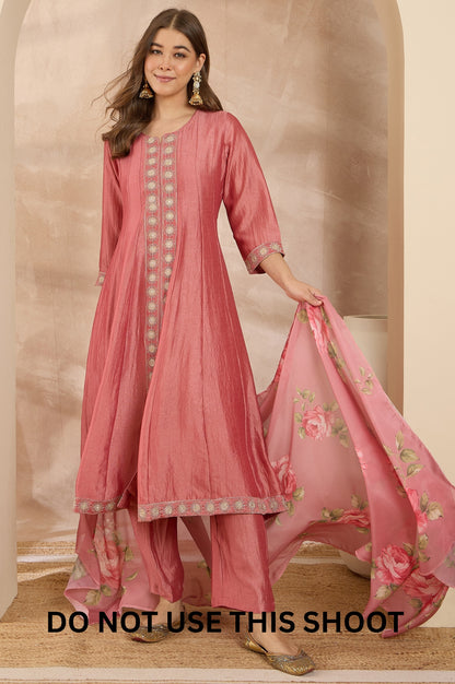 Women Pink Embroidered Vichitra Silk Kurta Trousers & Dupatta Set