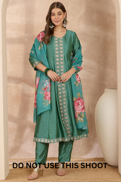 Women Green Vichitra Silk Embroidered Kurta Trousers & Dupatta Set