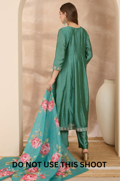 Women Green Vichitra Silk Embroidered Kurta Trousers & Dupatta Set