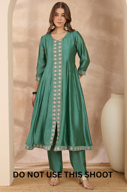 Women Green Vichitra Silk Embroidered Kurta Trousers & Dupatta Set