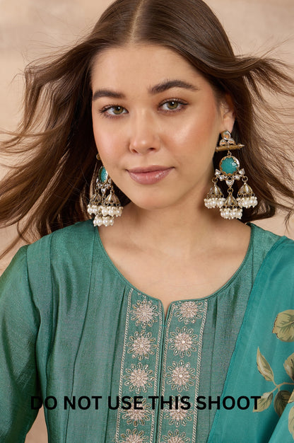 Women Green Vichitra Silk Embroidered Kurta Trousers & Dupatta Set