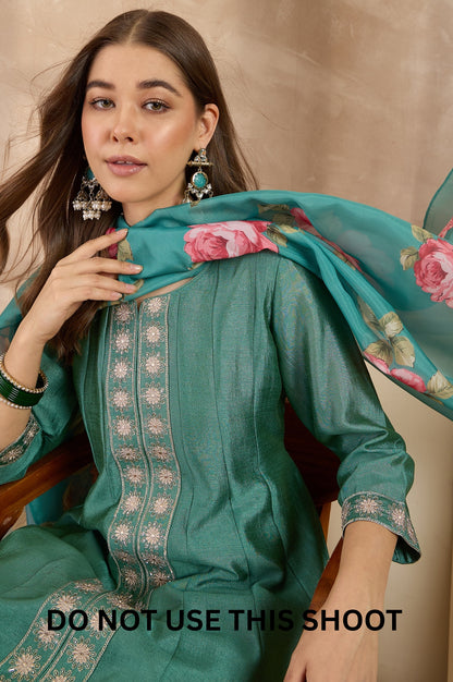 Women Green Vichitra Silk Embroidered Kurta Trousers & Dupatta Set