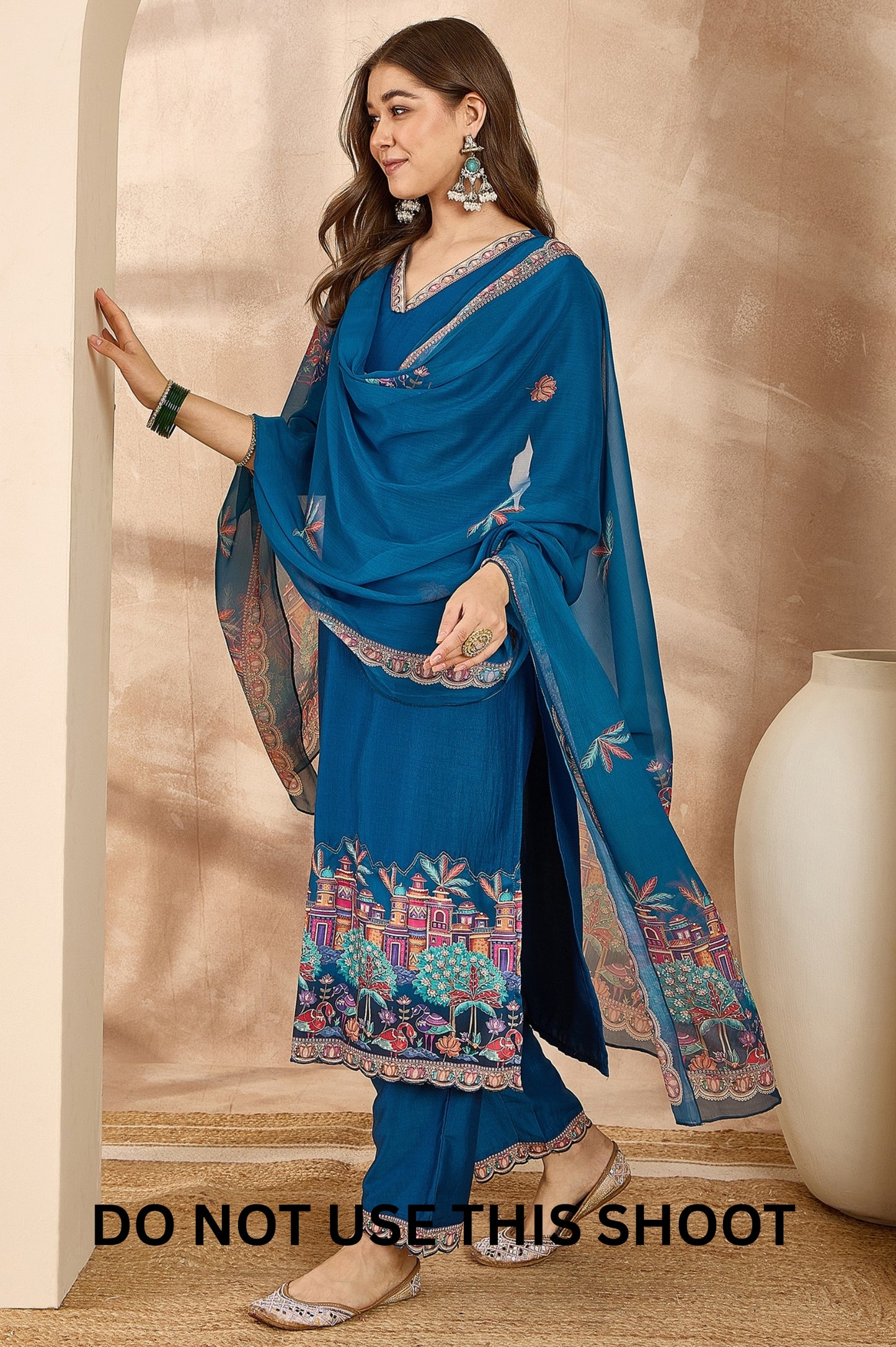 Women Blue Chinnon Applique Digital Print Kurta Pant Dupatta Set