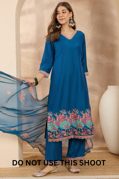 Women Blue Chinnon Applique Digital Print Kurta Pant Dupatta Set